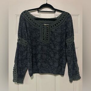 Free People Women’s Small Blue‎ Paisley Crochet Lace Peasant Blouse